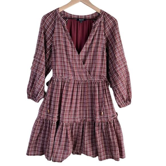 Madewell Seersucker Wrap Mini Dress in Dark Merlot Plaid Print Burgundy Red, XS‎ - Picture 2 of 16